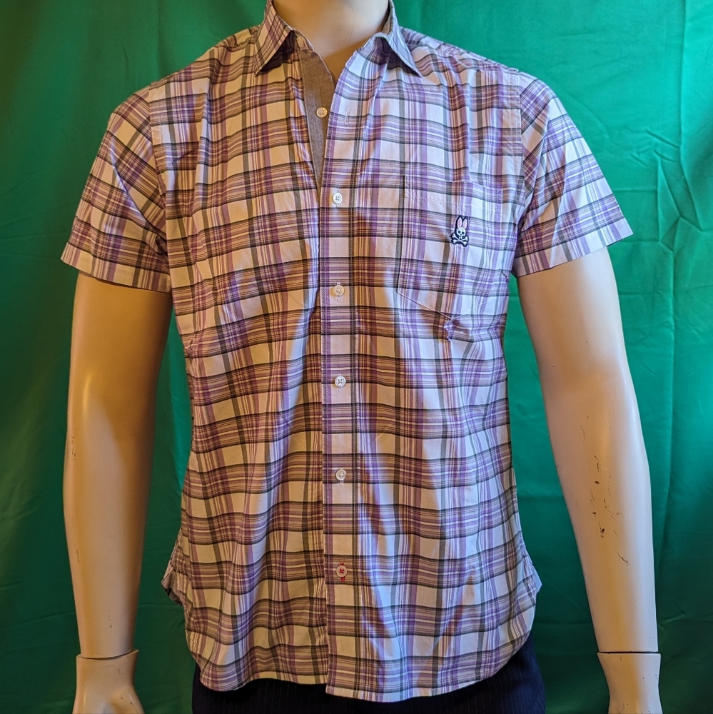 Psycho Bunny Short Sleeve Button Up Shirt Purple Gray White Plaid - Size Small